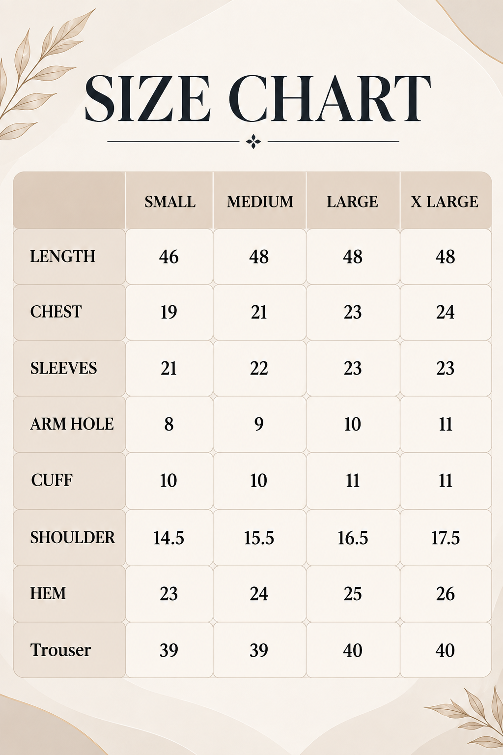 Mahnoor 3Pcs Size Chart